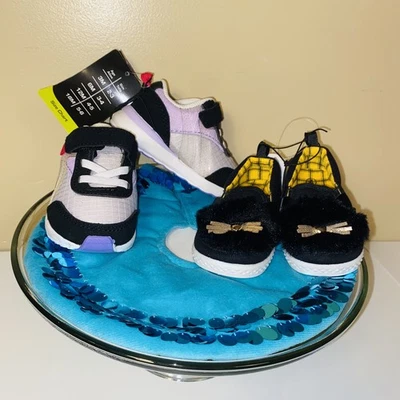  Infant Girls Size 4 Slip On Shoes BLK Kitty Cat &Hook Loop Sneaker Lot of 2  - Image 1 of 4