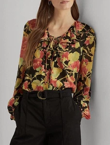 LAUREN RALPH LAUREN Women's Floral Crinkle Georgette Ruffle Neck Blouse Top Sz S - Picture 1 of 15