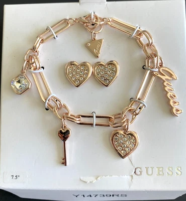 Pulsera y pendientes perforadores Guess para mujer Y14739RS tono oro rosa 7,5 pulgadas Foto 1 de 4
