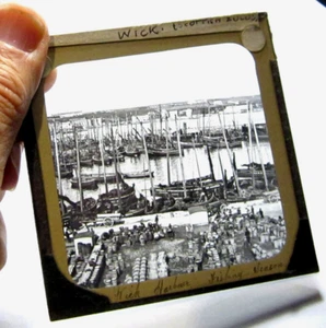 Stunning Wick fishing boats Scotland antique photo magic lantern slide #9959 - Picture 1 of 1