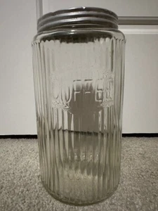 Antique Hoosier Cabinet Coffee Jar Ribbed Glass Canister Large 7-3/4t TX - Picture 1 of 16