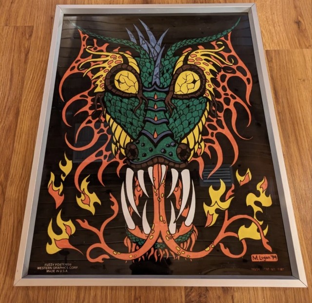 Vintage 1994 M Logan Fuzzy Posters Black Light Dragon Framed Poster  Psychedelic