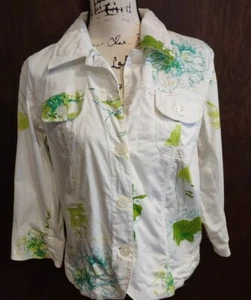 Jeansjacke A la Carte weiß geblümt Größe M Sommer Botanical Art 3/4 Arm - Bild 1 von 7
