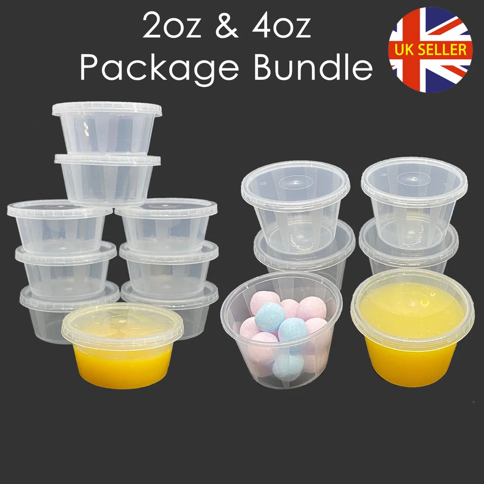 100 Food Containers 2oz & 4oz Bundle Round Plastic Clear Tubs Lids Pot Sauce Dip - Image 1 of 3