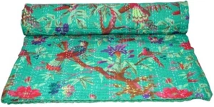 Indian Art Kantha Twin/Single Quilt Handmade Bird Print Reversible Blanket Throw - Imagen 1 de 6