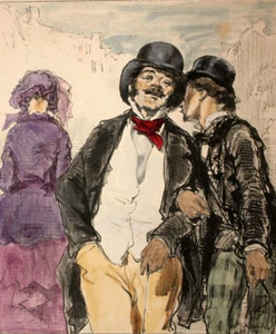L'AMOUR LIBRE Lithographie estampe originale de GAVARNI à l'aquarelle 1867 - Imagen 1 de 2