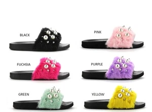 New Womens Faux Fur Pearl Slide Sandal Mules Slipper Shoe Open Toe Low Flat Heel - Picture 1 of 14