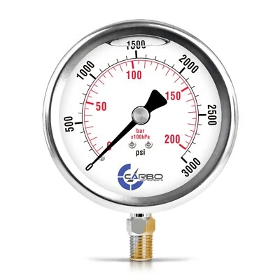 CARBO INSTRUMENTS 4" Pressure Gauge, Stainless Steel Case, Liquid Filled, Lower Mnt 3000 PSI
