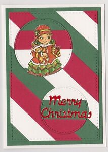 Blank Handmade Greeting Card ~ MERRY CHRISTMAS with CUTE LITTLE GIRL ON STRIPES