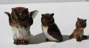 Conjunto de 3 estatuillas de búhos familia búho vintage hueso China Shiken Japón pintadas a mano - Imagen 1 de 1