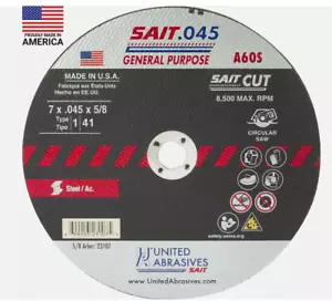 - SAIT 23107 A60S General Purpose Cut-Off Wheels (Type 1/Type 41 Flat) 7" X .045 - Picture 1 of 1