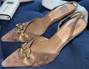 NWOT Dolce Vita Haylee Dark Brown Suede Leather Slingback Pumps Gold Accents HTF - Picture 1 of 7