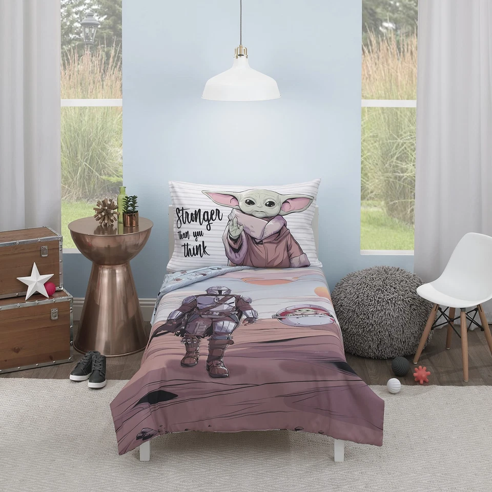 Juego de cama de 4 piezas Star Wars The Mandalorian gris, tostado y azul para niños pequeños - Foto 1 de 4