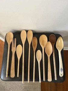 Vintage Set Of 11 Wooden Kitchen Spoons-Different Sizes And Shapes Fork - Picture 1 of 9