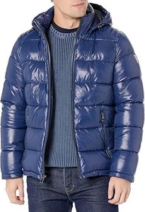 Guess Mens Jacket Coat M Quilted Puffer Hooded Insulated Zip Front Navy $225 NEW - Picture 1 of 8