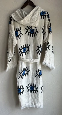 Bata con Capucha de Algodón Turco Pintada Mal de Ojo S M Rave Festival Boho Long Resort Foto 1 de 4