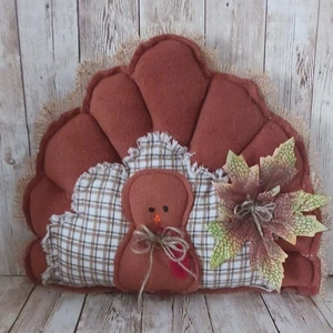 Thanksgiving Turkey Farmhouse Country Accent Pillow/ Brown Plush Fleece Fabric - Picture 1 of 4