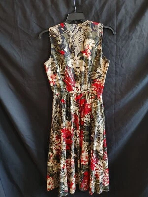 80s California Girl Hawaiian print Full Skirt Midi Pocket Dress Vintage - Image 1 of 4