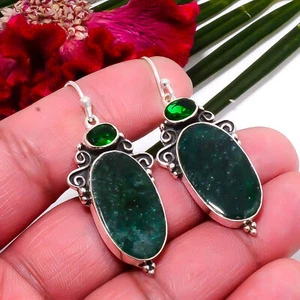 Green Aventurine - India & Chrome Diopside 925 Sterling Silver Earring 1.95" S45 - Imagen 1 de 3