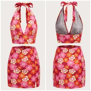 Shein Pink & Red 70’s Style Floral Skirt and Halter Tank Crop Top Set Size L - Picture 1 of 5