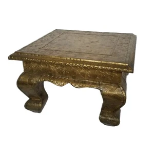 Wood Foot Stool Chowki With Embossed Brass Plating 12" square & 8" Tall - Picture 1 of 18
