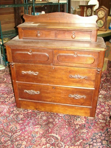 Walnut Victorian 6 Drawer Step Back Cottage Chest of Drawers w/ Carved Pulls Cover