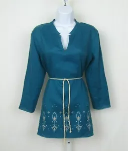 VTG 1980s DANA BUCHMAN TEAL EMBROIDERED LINEN SMOCK TOP & ROPE BELT SIZE 8 - Picture 1 of 12