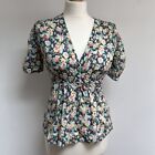Kate Moss Topshop Blouse Size 10 Floral Pansy Iconic Short Sleeves V Neck Cotton