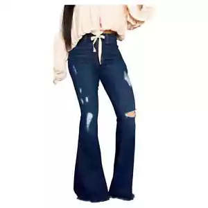 LightlyKiss Bell Bottom Stretchy High-Waist Jeans Women Ripped Denim-Blue-S - Picture 1 of 7