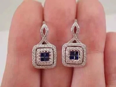 3Ct Lab Created Sapphire Diamond Drop & Dangal Earrings 14K White Gold Finish - Image 1 of 4