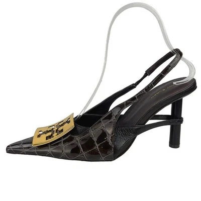 Zapatos de salón Tory Burch negros con puntera puntiaguda charol cocodrilo honda trasera tacón alto 7M Foto 1 de 4