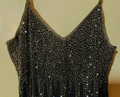 复古 Lawrence Kazar 黑色丝绸串珠亮片长裙礼服 XL * * 需要修复 * * — 第 1/4 张图片