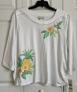 ALFRED DUNNER WOMEN'S SIZE 3X TOPS WHITE EMBROIDERED PINEAPPLE 3/4 SLEEVE PULLO - Picture 1 of 9