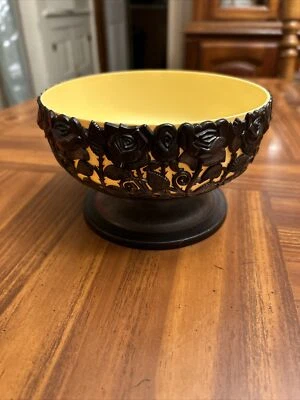 Vintage Regaline Plastic Footed Bowl Roses Flowers USA Melamine Yellow Black Ros - Image 1 of 4