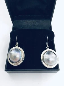 Estate Jewelry Sterling Silver Mabe / Blister Pearl Dangle  Earrings 1.56” - Picture 1 of 9
