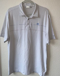 Travis Mathew Polo Shirt Gray with Red & Blue Stripe Large Golf Casual - Picture 1 of 7