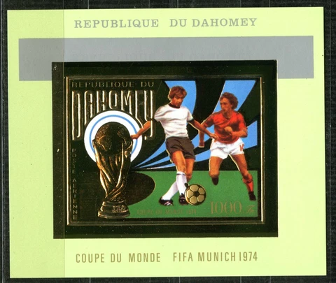 Benin Dahomey 1974 Munich Soccer Gold Foil Gold Johan Cruijff Mid Bloc 38 Rare Cover