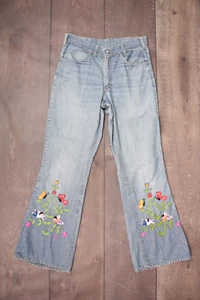 VTG Women's 70s Embroidered Denim Hippy Bellbottoms 1970s Mexican Lepe Sz 30 - Picture 1 of 12