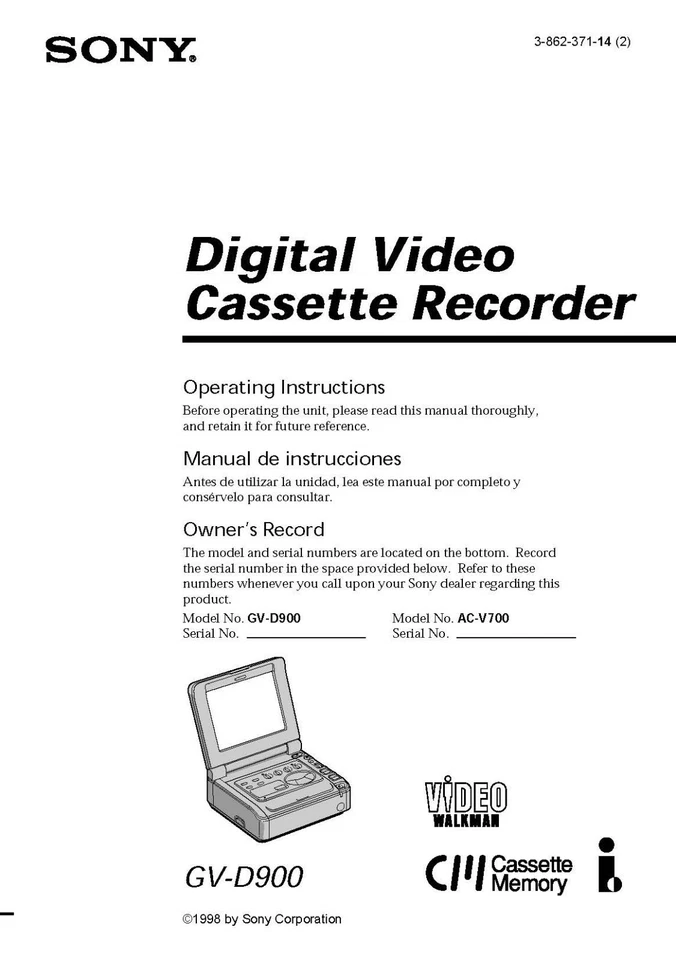 Sony Gv-d900 Digital Video Cassette Recorder Owners Instruction Manual Reprint - Image 1 of 1