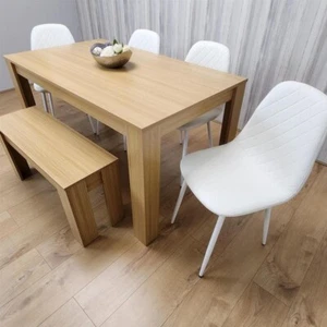 Oak Dining Table Set with 4 White Faux Leather Chairs & Bench, 6 Seater - Picture 1 of 12