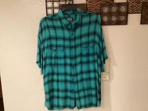 Point Zero S/S Teal/Black Plaid 100% Rayon Burlap Look Mat’l 50”Cx32”L Sz Large - Picture 1 of 7