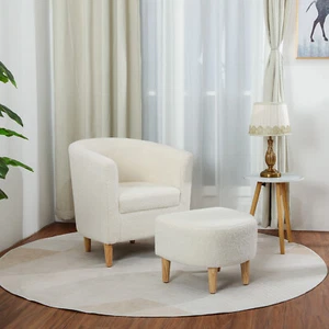 Sherpa Accent Chair With Ottoman Teddy Velvet Upholstered Barrel Armchair Sofa - Picture 1 of 16