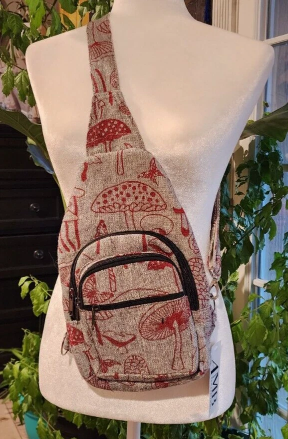 Bandolera/Mochila/Bolso de Pecho Cartera Teniente Gris Rojo Estampado de Setas Cáñamo  Foto 1 de 1