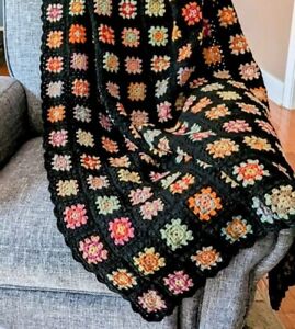 Handmade Crochet Multicolor Floral On Black Decorative Throw Blanket 45"W x 62"L
