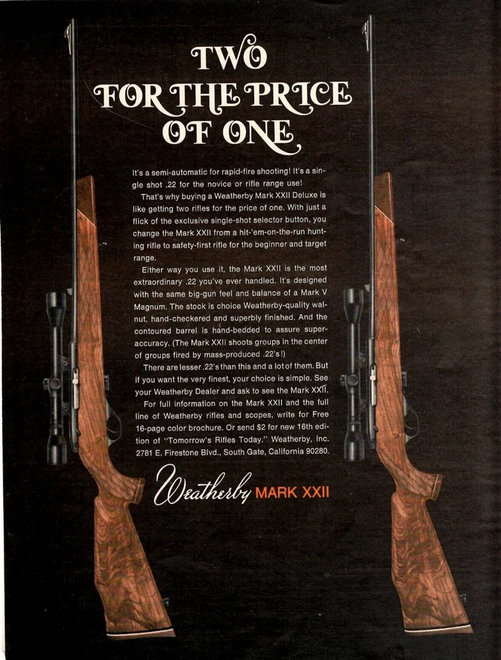 1971 Print Ad Weatherby Mark XXII Two for the Price of One Single Shot .22 Rifle - Image 1 of 1