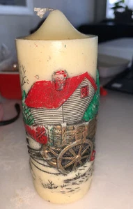 Vintage Christmas Pillar Candle Carved Farm Wagon Winter Scene 6” Unused - Picture 1 of 8