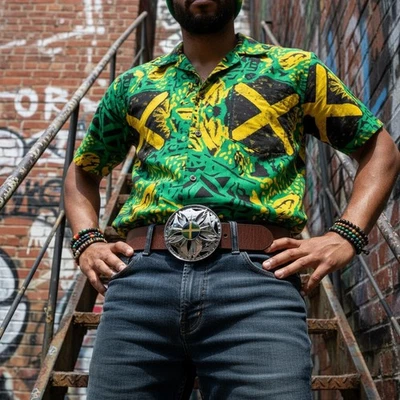 Nuovo Uomo Donna Metallo Argento Cintura Fibbia Rotondo Spinning Croce Bandiera - Immagine 1 di 4