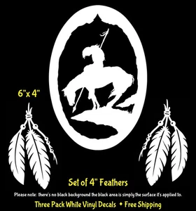 End of the Trail Native American & Two 4" Feathers White Vinyl Decals Window Car - Picture 1 of 2