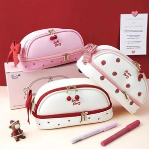 Bear Pencil Case Smile Cherry Double Layer Pen Pouch Cute Pencil Bag School - Picture 1 of 13