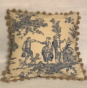 French Country Cottage Pillow Blue Beige FarmHouse Toile English Downtown Abby - Picture 1 of 5